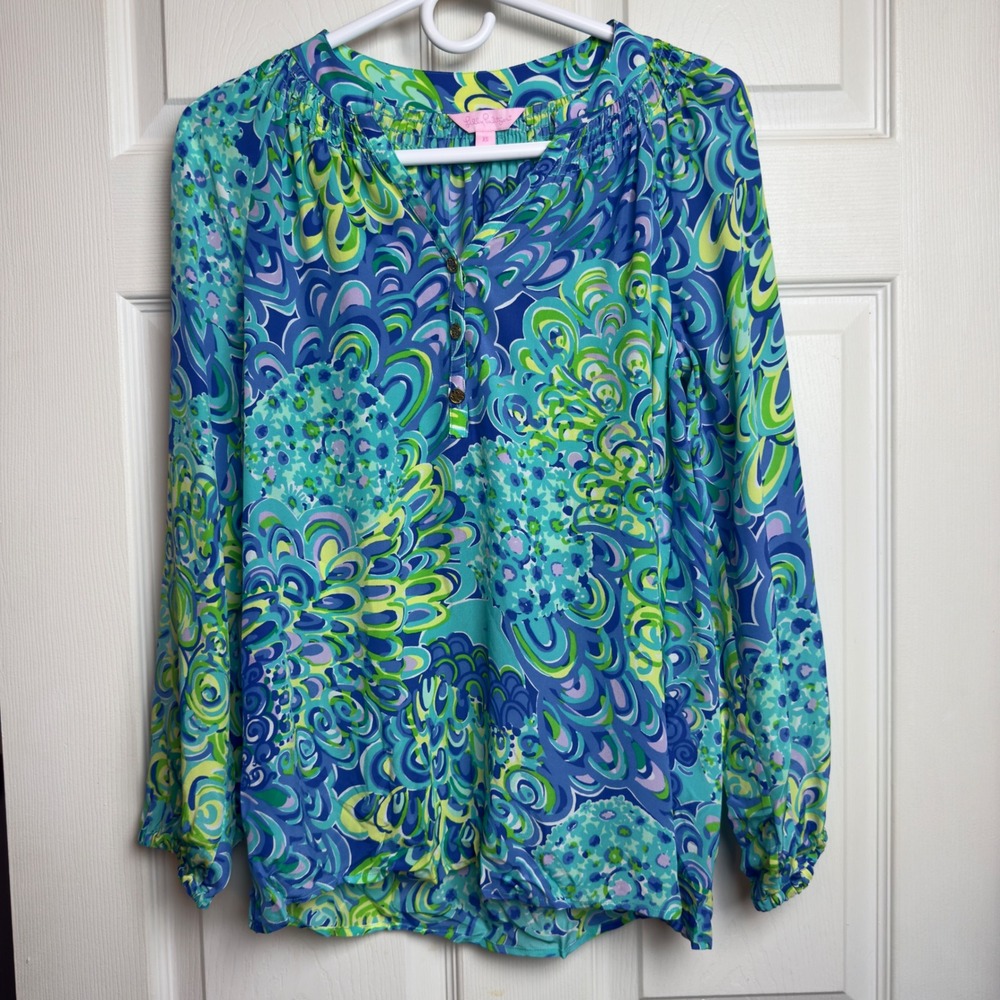 Lilly Pulitzer XS Elsa‎ Silk Top Lilly's Lagoon Print EUC
